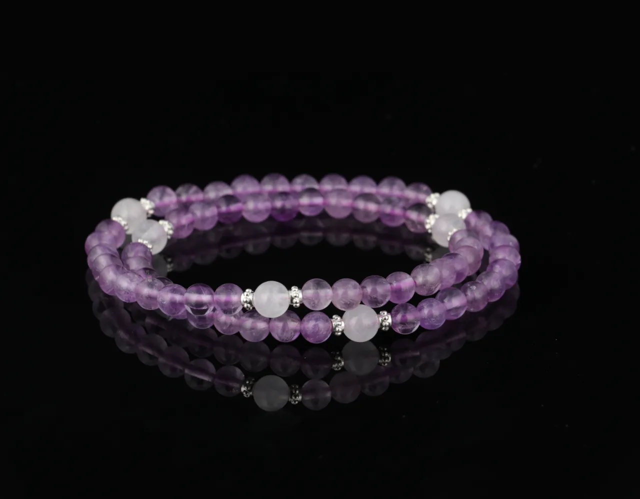 疊戴款 紫水晶白幽靈天然水晶手串生辰定制